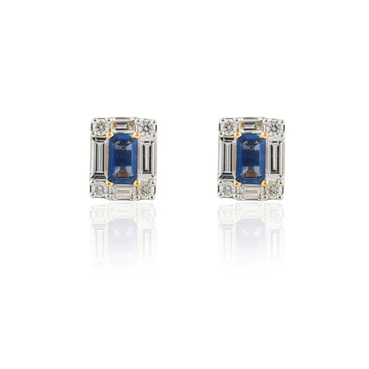 Natural Blue Sapphire & Diamond 18K Solid Yellow Gold Minimal Stud Earring