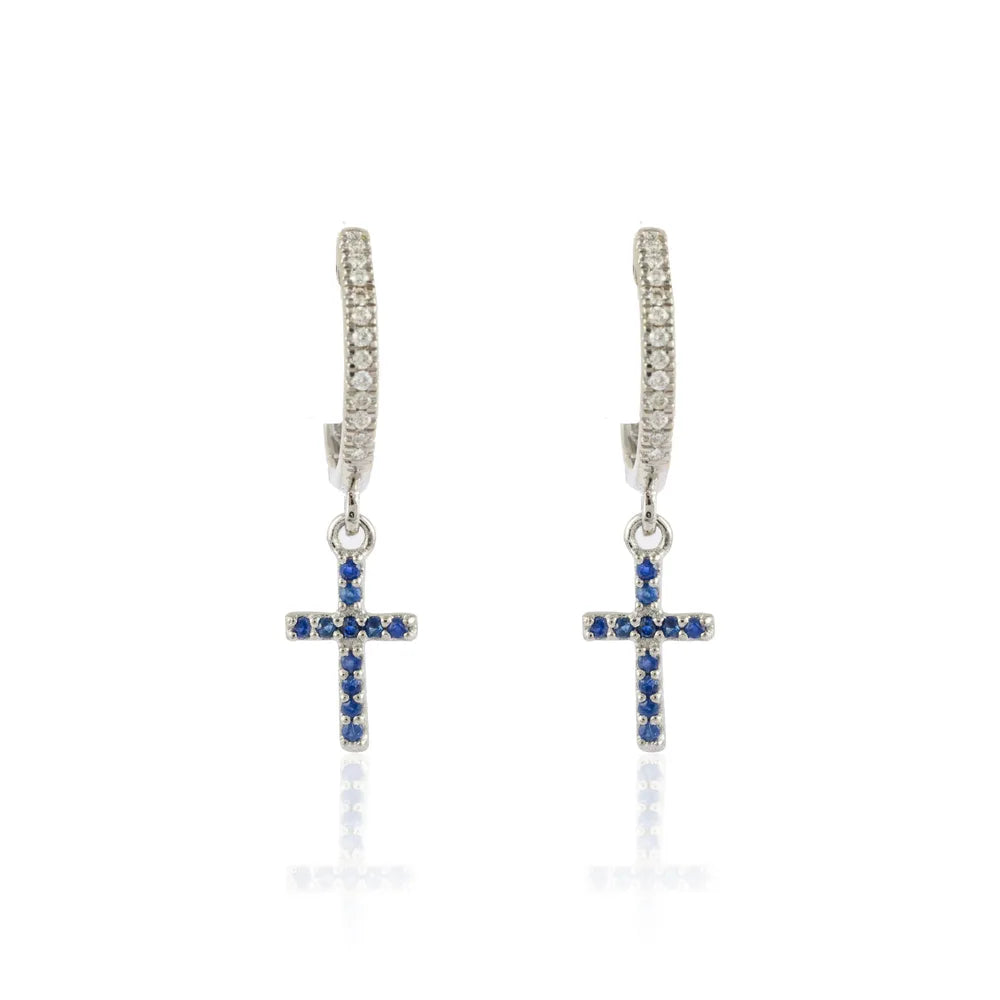 Fashionable Jewelry Natural Blue Sapphire & Diamond 18K Solid White Gold Cross Huggie Hoop Earring