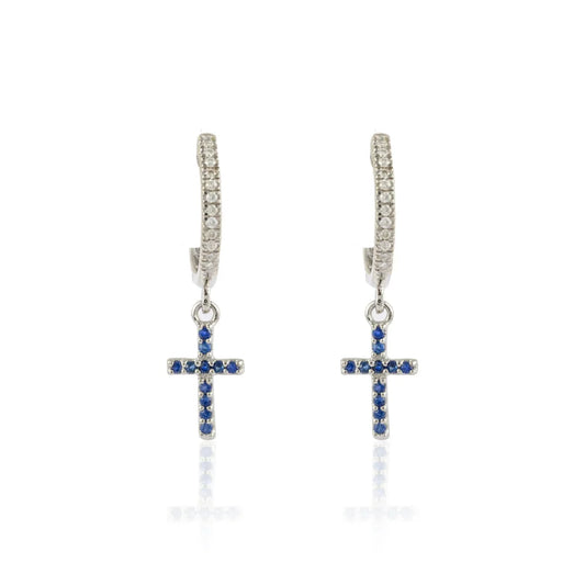 Fashionable Jewelry Natural Blue Sapphire & Diamond 18K Solid White Gold Cross Huggie Hoop Earring