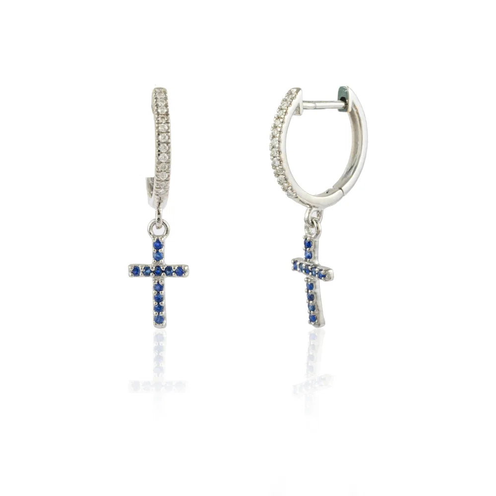 Fashionable Jewelry Natural Blue Sapphire & Diamond 18K Solid White Gold Cross Huggie Hoop Earring