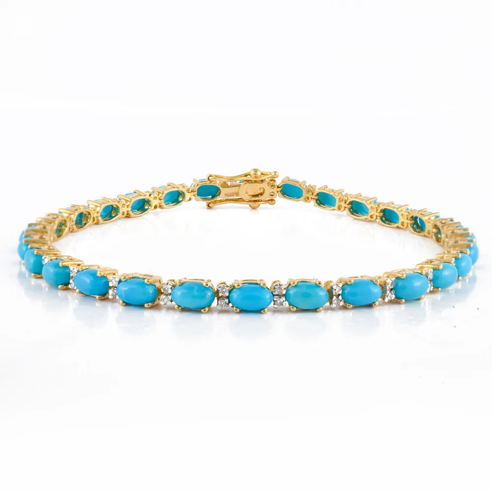 Handmade Jewelry Natural Turquoise & Diamond 18K Solid Yellow Gold Tennis Bracelet