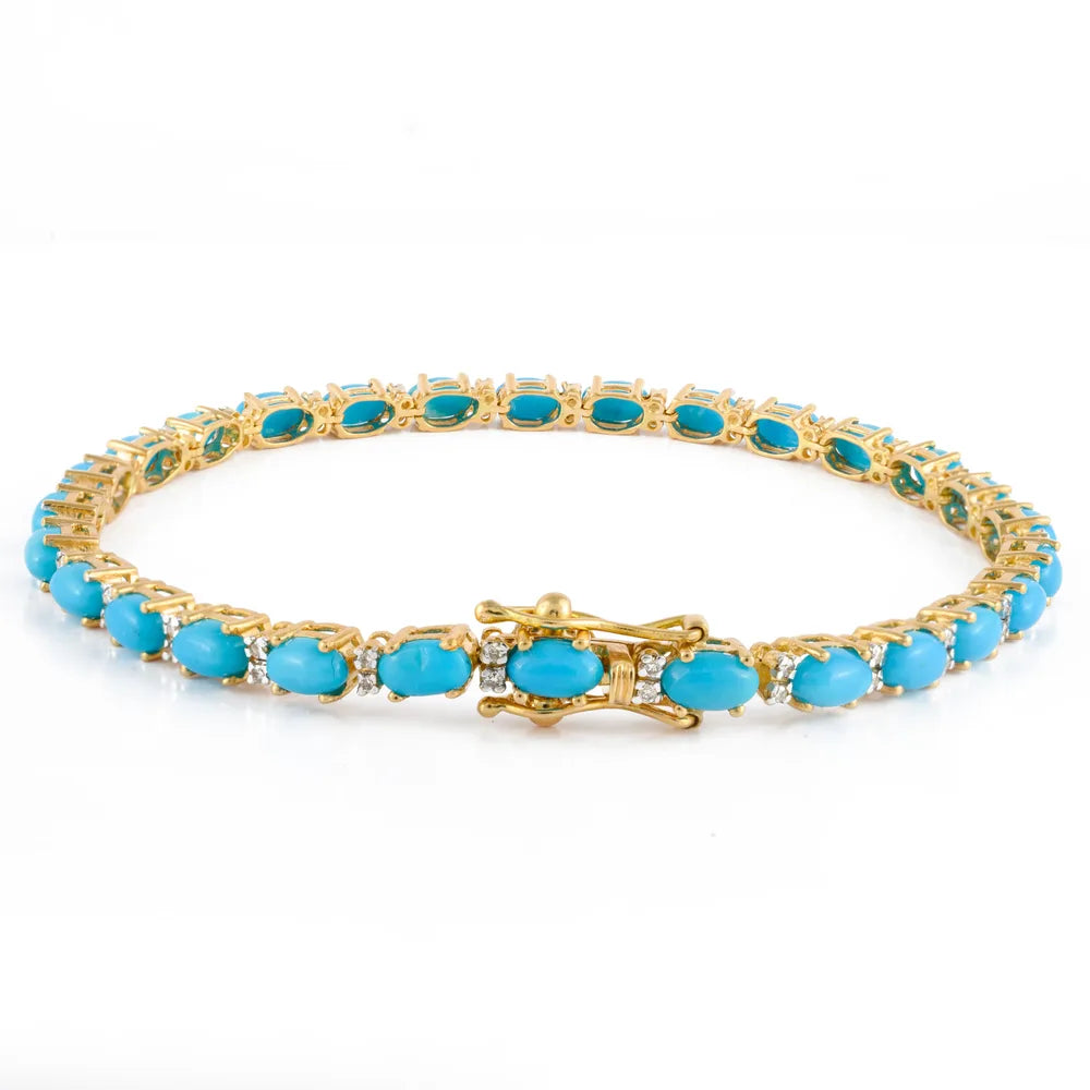 Handmade Jewelry Natural Turquoise & Diamond 18K Solid Yellow Gold Tennis Bracelet