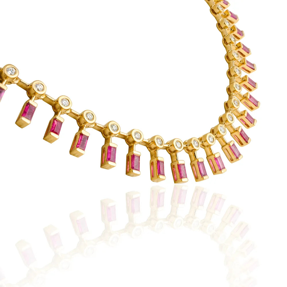 Fashionable Jewelry Natural Ruby & Diamond 18K Solid Yellow Gold Charm Adjustable Necklace