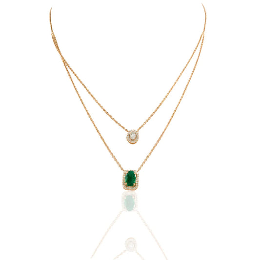 Solid 18K Rose Gold Natural Emerald & Diamond Double Layer Long Chain Necklace