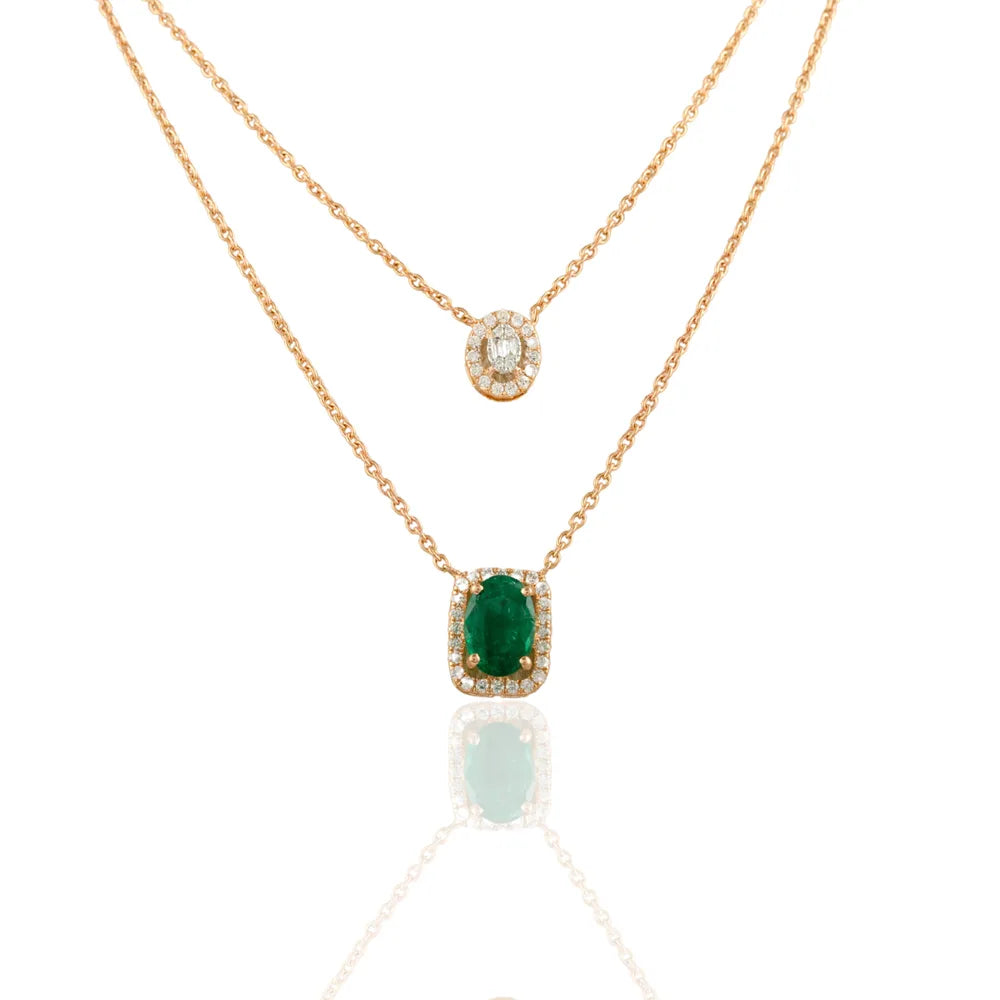 Solid 18K Rose Gold Natural Emerald & Diamond Double Layer Long Chain Necklace