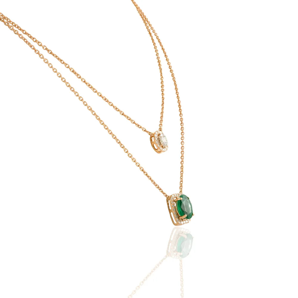 Solid 18K Rose Gold Natural Emerald & Diamond Double Layer Long Chain Necklace