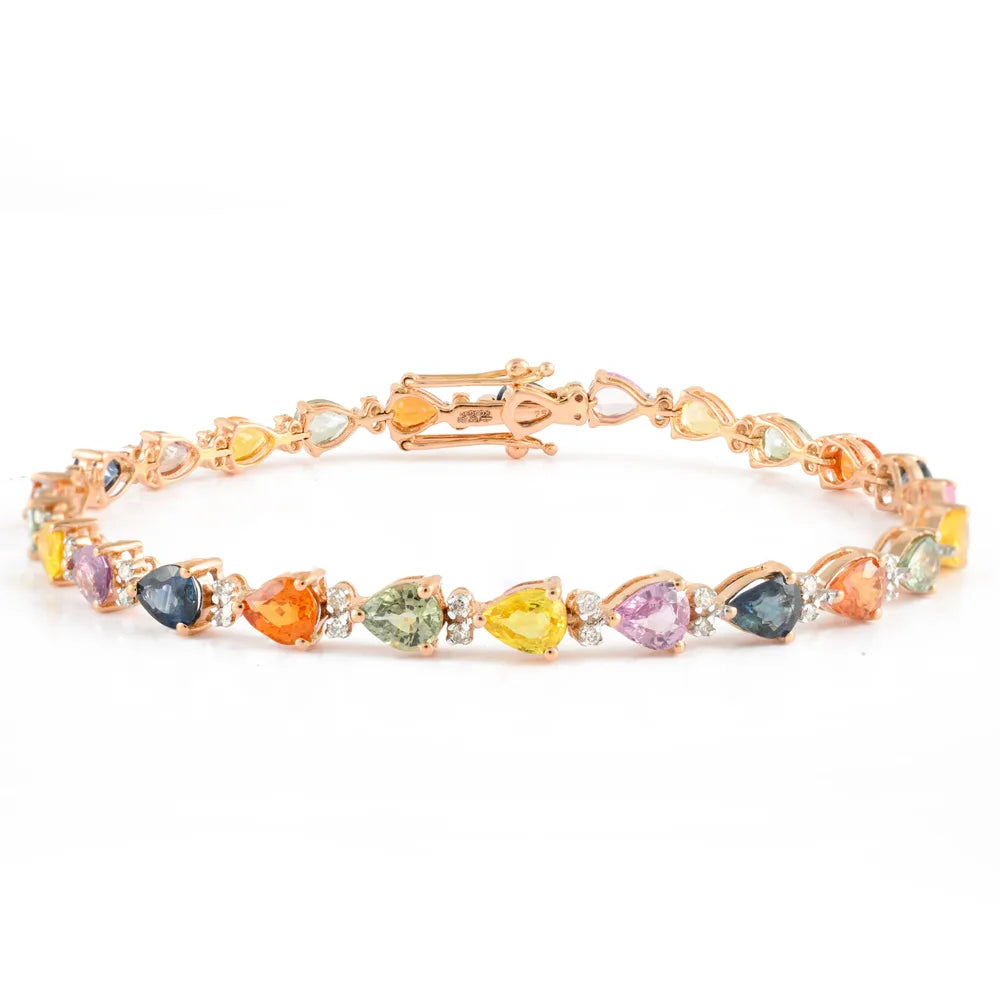 Fashionable Jewelry Natural Multi Sapphire & Diamond 18K Solid Rose Gold Tennis Bracelet