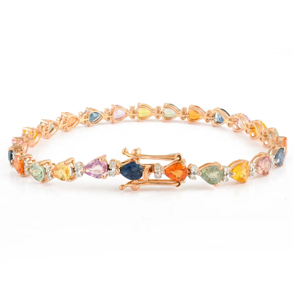 Fashionable Jewelry Natural Multi Sapphire & Diamond 18K Solid Rose Gold Tennis Bracelet