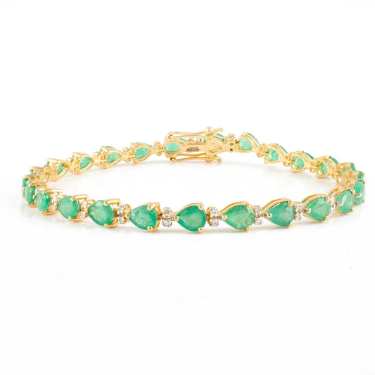 Handmade Jewelry Natural Emerald & Diamond 18K Solid Yellow Gold Tennis Bracelet