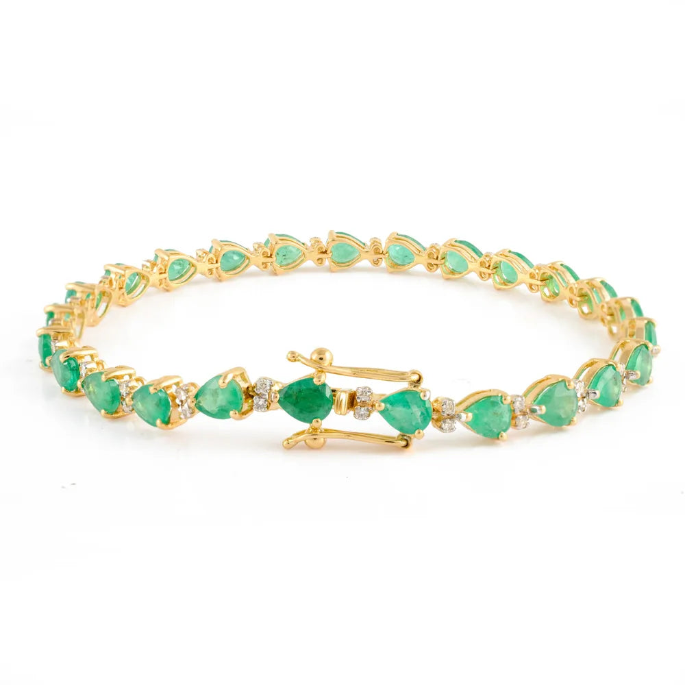 Handmade Jewelry Natural Emerald & Diamond 18K Solid Yellow Gold Tennis Bracelet