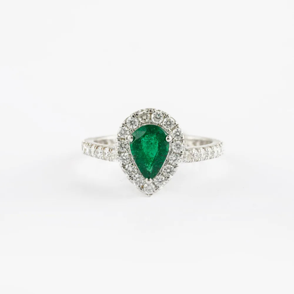 Handmade Natural Emerald & Diamond 18K Solid White Gold Cluster Ring