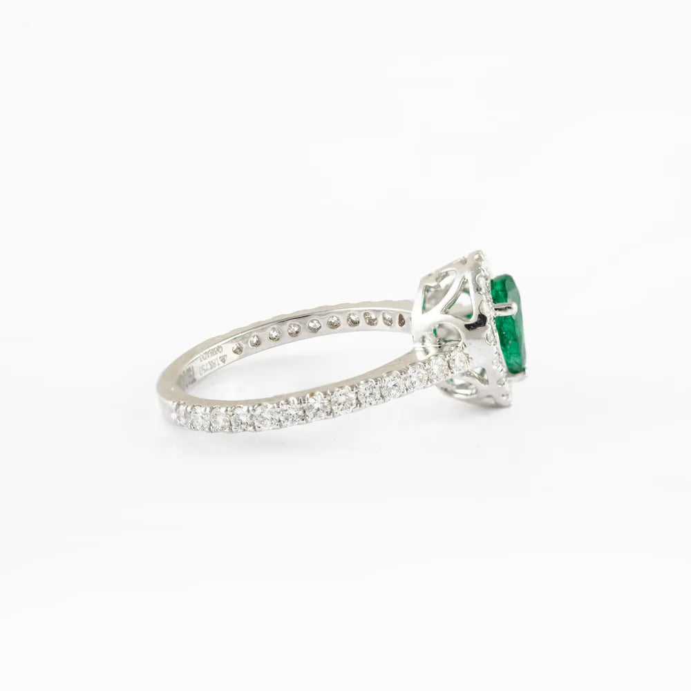 Handmade Natural Emerald & Diamond 18K Solid White Gold Cluster Ring