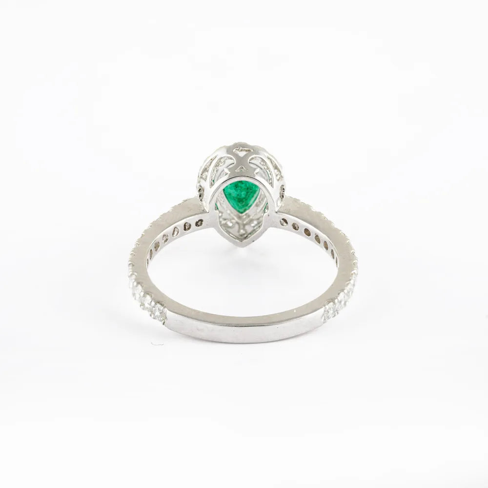 Handmade Natural Emerald & Diamond 18K Solid White Gold Cluster Ring