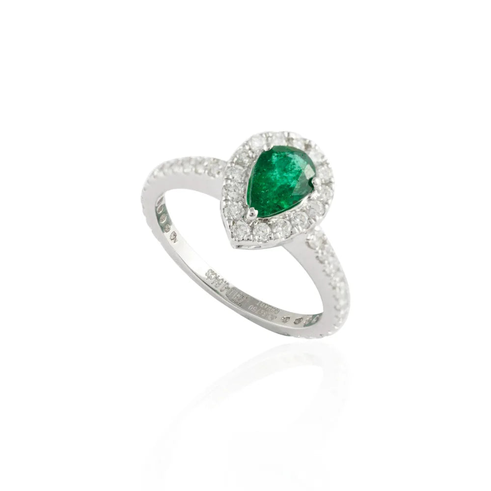 Handmade Natural Emerald & Diamond 18K Solid White Gold Cluster Ring