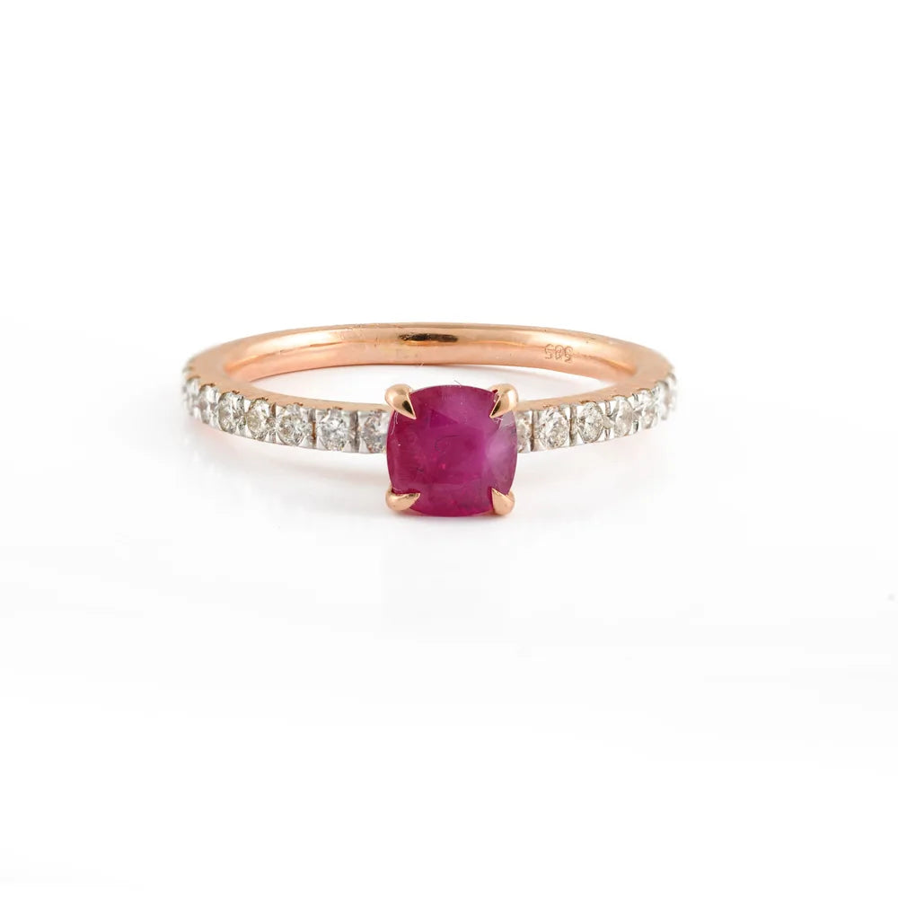 Custom Jewelry Natural One Stone Ruby & Diamond 14K Solid Rose Gold Stackable Band Ring