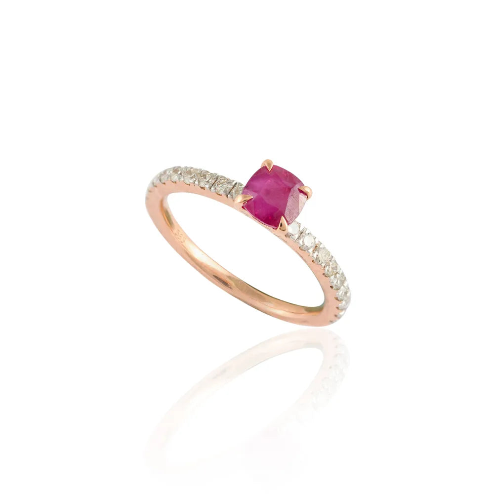 Custom Jewelry Natural One Stone Ruby & Diamond 14K Solid Rose Gold Stackable Band Ring