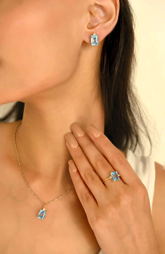 18K Yellow Gold Octagon Blue Topaz & Round Diamond Ring Earrings & Pendant Jewelry Set