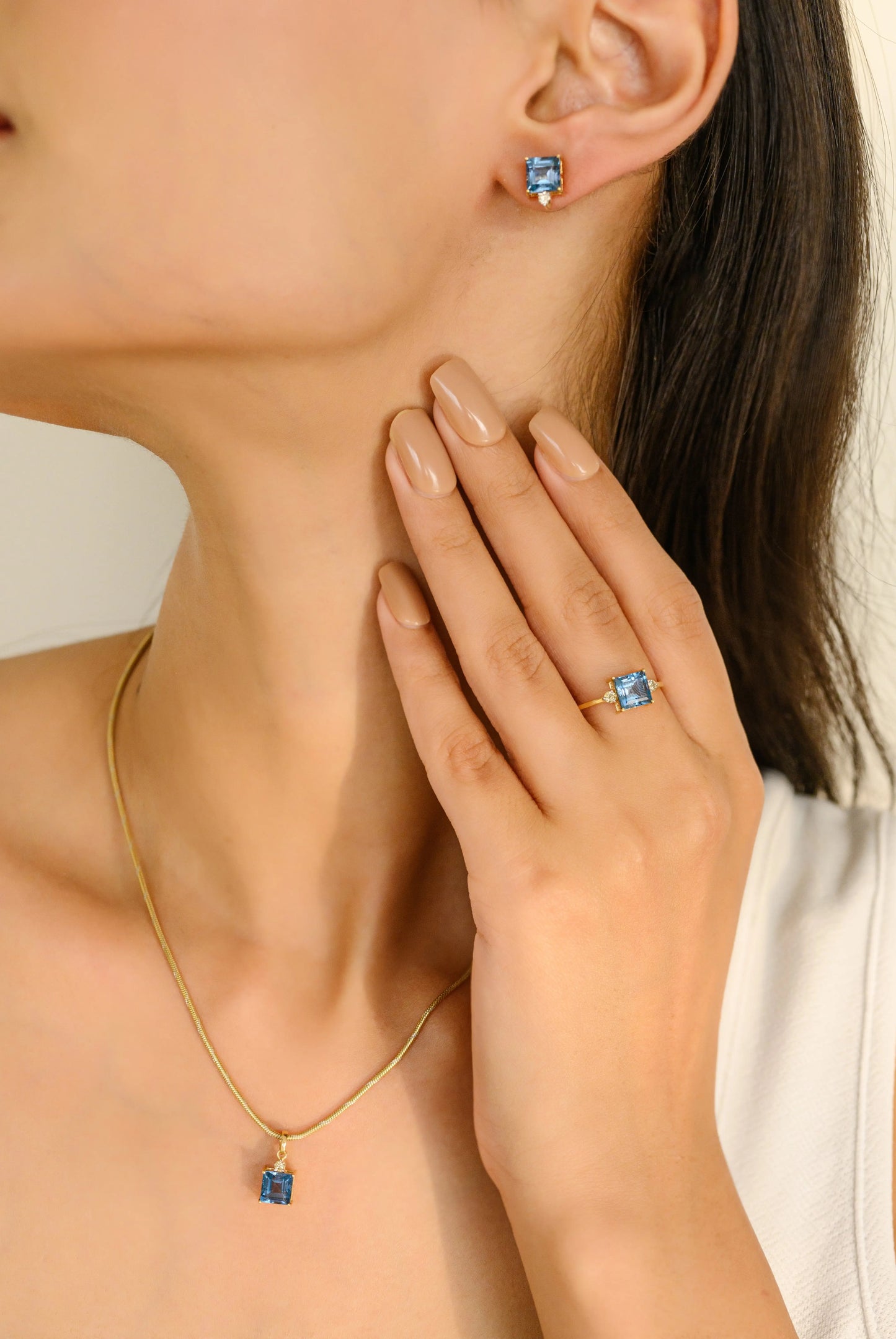 3 Pcs Ring Earrings & Pendant Genuine Blue Topaz & Diamond Jewelry Set 18K Yellow Gold