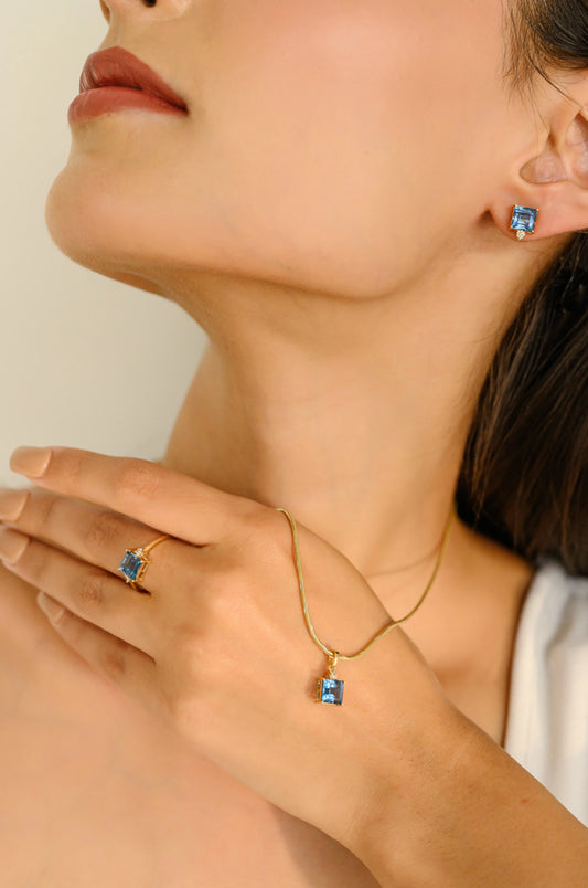 3 Pcs Ring Earrings & Pendant Genuine Blue Topaz & Diamond Jewelry Set 18K Yellow Gold