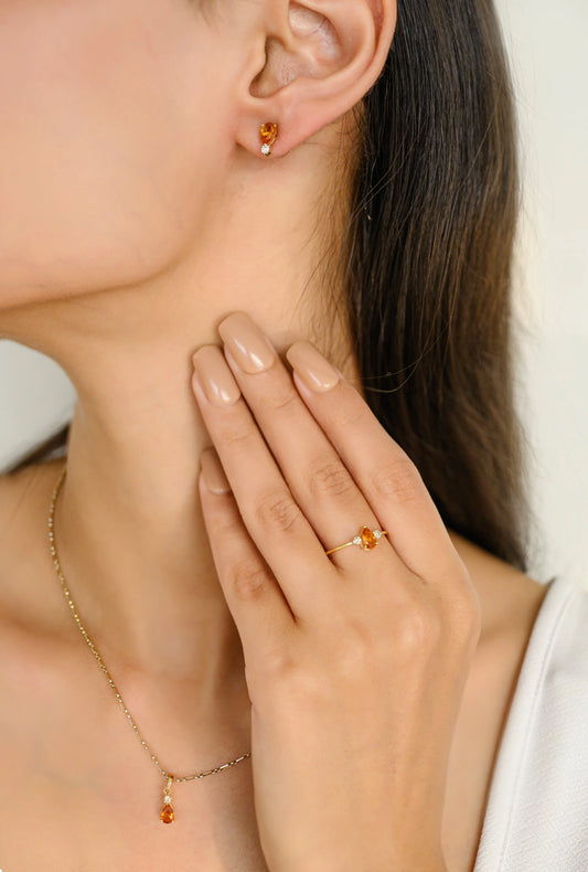 Ring Earrings & Pendant Citrine & Diamond 3 Pcs Combo Jewelry Set Solid Yellow Gold