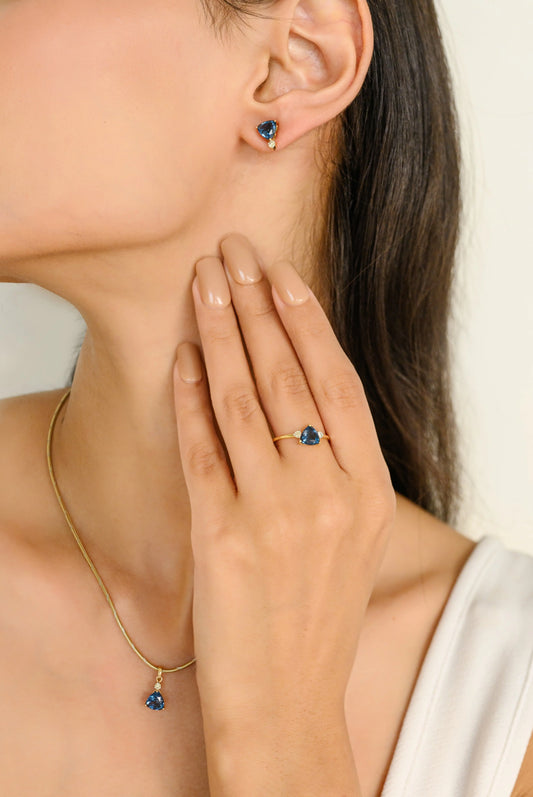 Trillion Cut Blue Topaz & Round Diamond Ring Earrings & Pendant Combo Set Handmade Jewelry