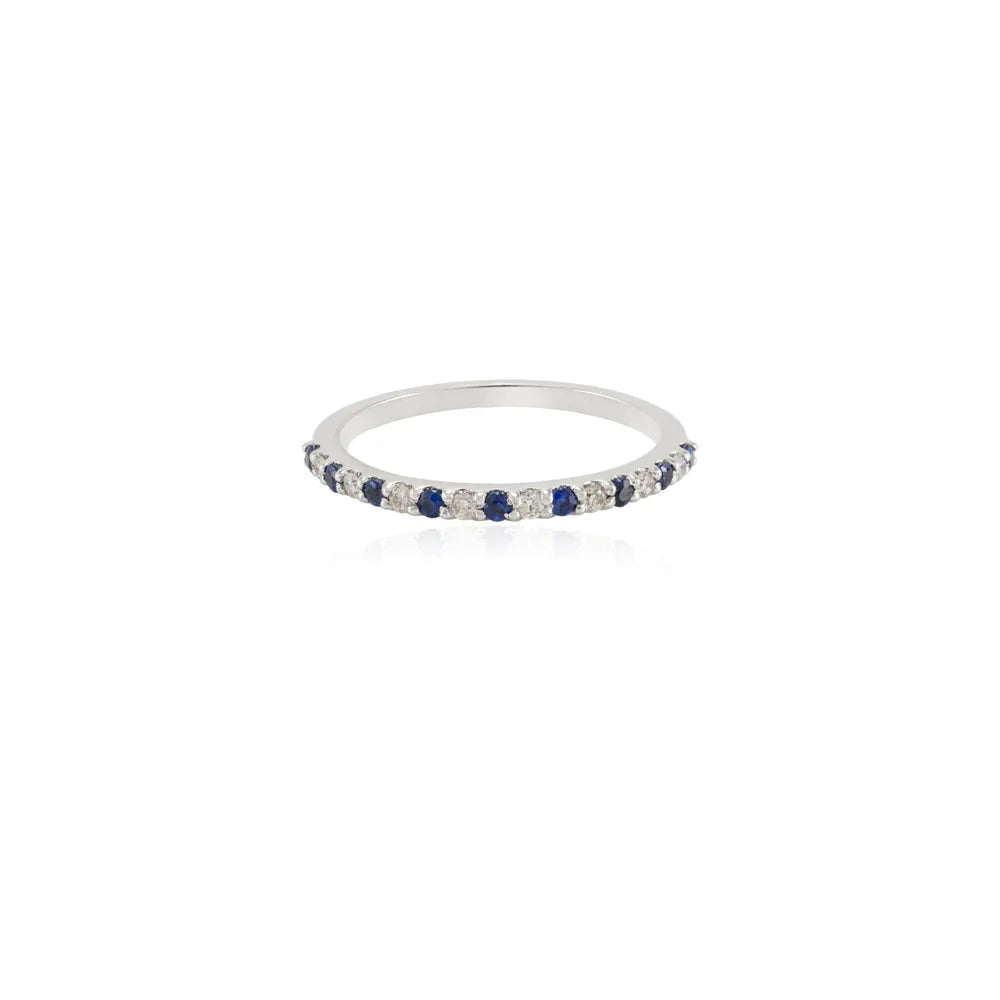 Minimal Jewlery Authentic Blue Sapphire & Diamond 18K White Gold Full Stackable Band Ring