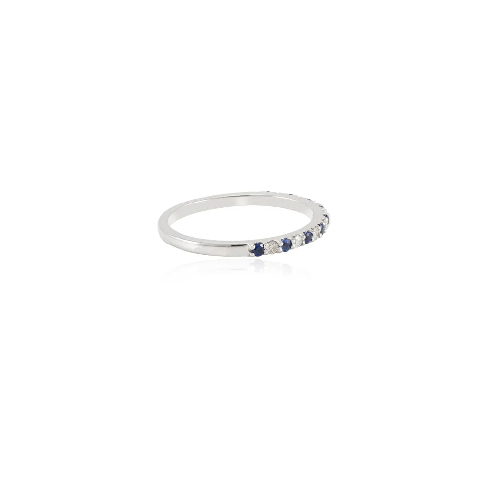 Minimal Jewlery Authentic Blue Sapphire & Diamond 18K White Gold Full Stackable Band Ring