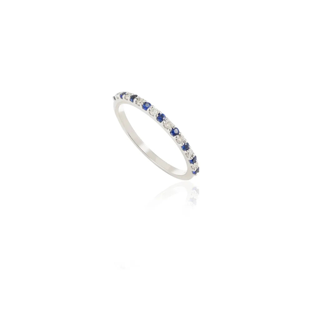 Minimal Jewlery Authentic Blue Sapphire & Diamond 18K White Gold Full Stackable Band Ring