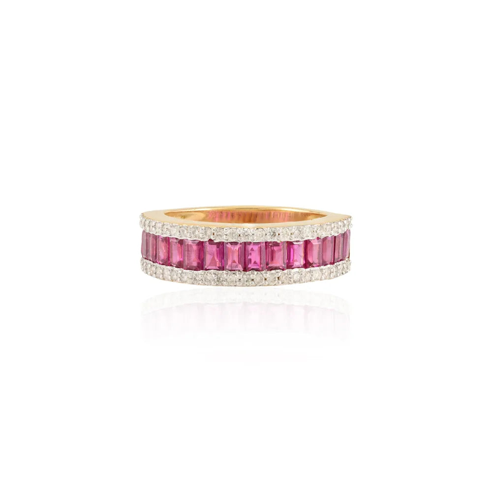 Best Selling Product Natural Ruby & Diamond 18K Fine Yellow Gold Half Eternity Band Ring