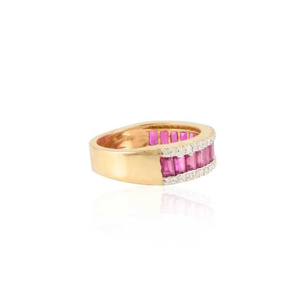 Best Selling Product Natural Ruby & Diamond 18K Fine Yellow Gold Half Eternity Band Ring