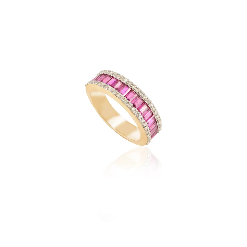 Best Selling Product Natural Ruby & Diamond 18K Fine Yellow Gold Half Eternity Band Ring