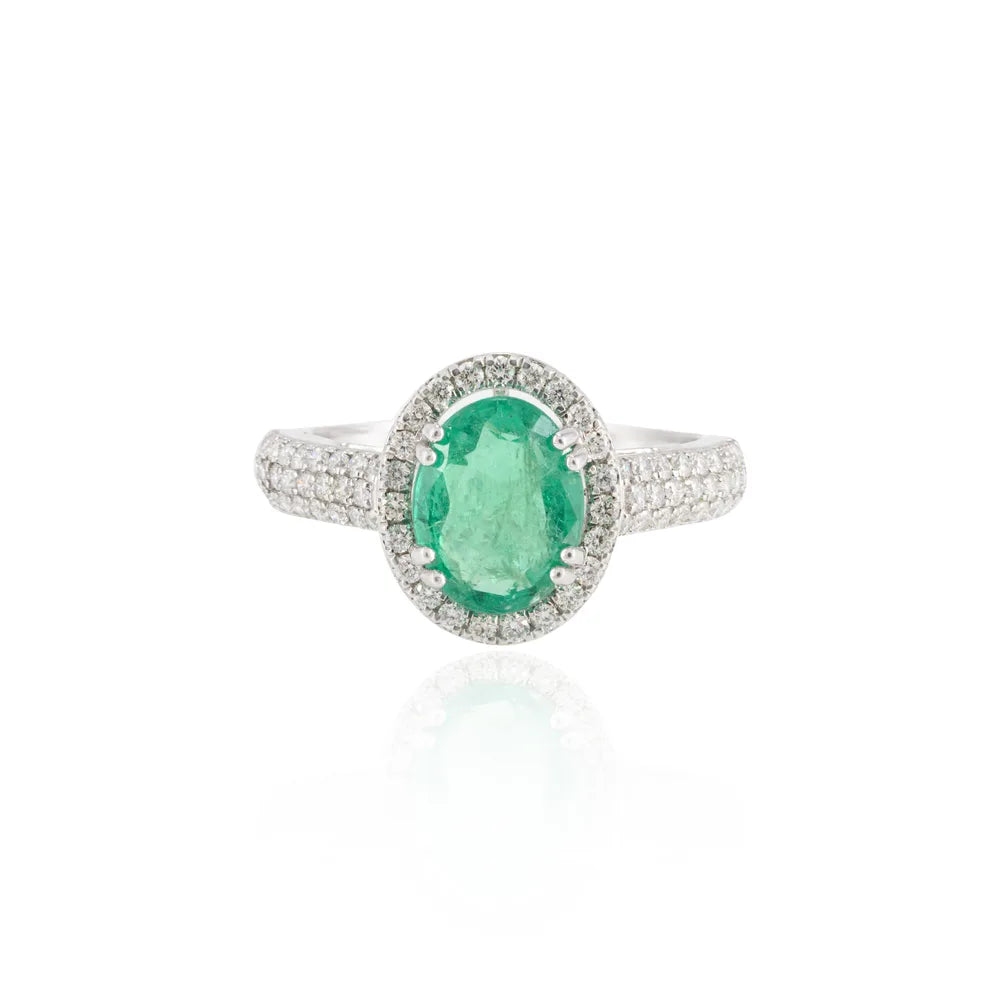 Classic Hot Selling Product Natural Emerald & Diamond 18K Fine White Gold Wedding Ring