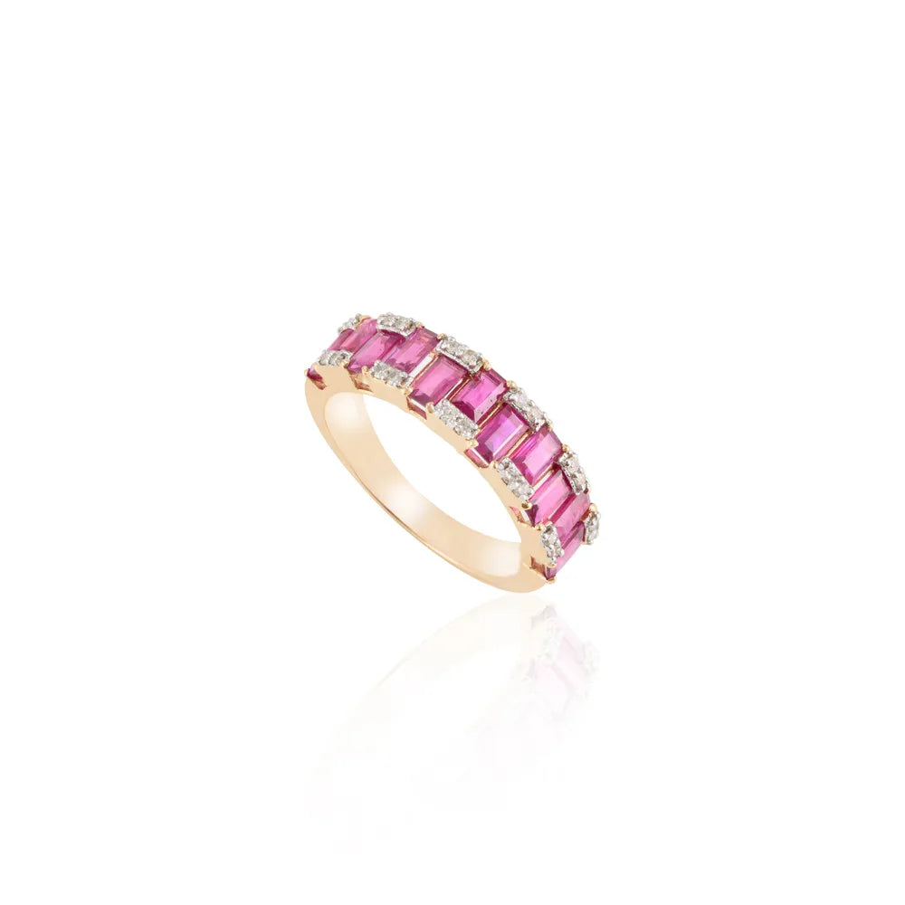 Classic Hot Selling Product Natural Ruby & Diamond 14K Yellow Gold Half Eternity Band Ring