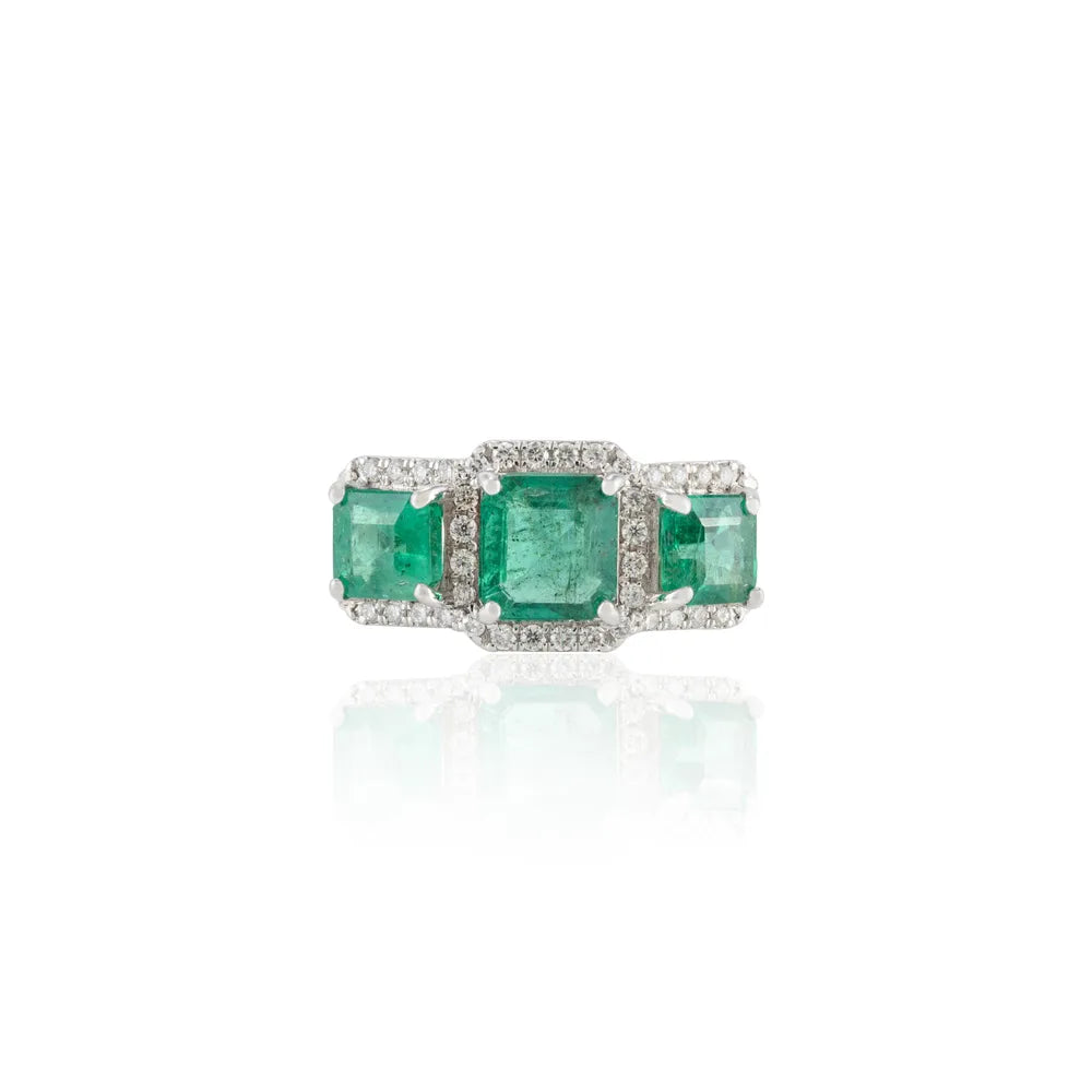 Wholesale Natural Emerald & Diamond 18K White Gold Three Stone Rings