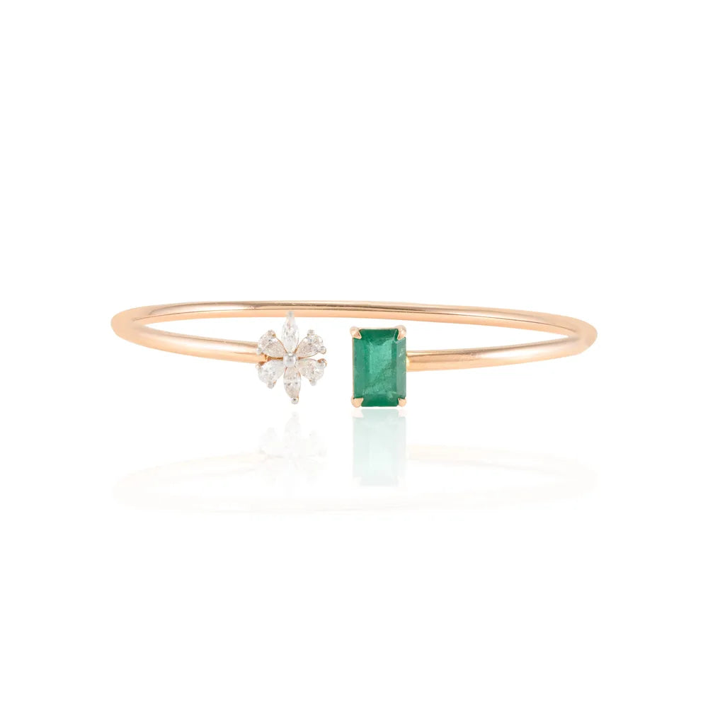 Stunning And Unique Design Natural Emerald & Diamond 18K Rose Gold Open Cuff Bracelet