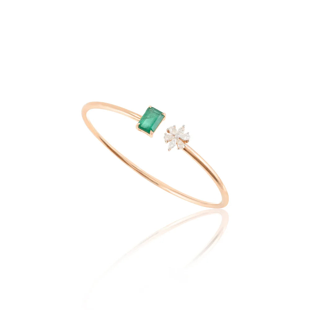 Stunning And Unique Design Natural Emerald & Diamond 18K Rose Gold Open Cuff Bracelet