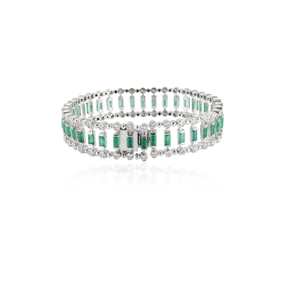 100% Genuine Gemstone Emerald & Diamond 18K Solid White Gold Tennis Bracelet