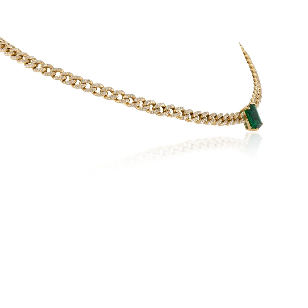 100% Authentic Genuine Emerald & Diamond 18K Fine Yellow Gold Link Chain Necklace