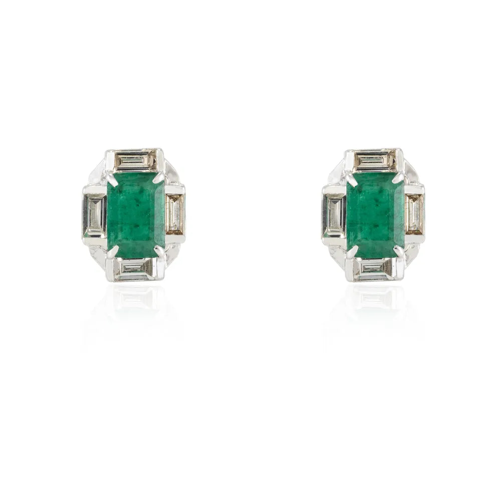 100% Authentic Natural Emerald & Diamond 18K Fine White Gold Stud Earring