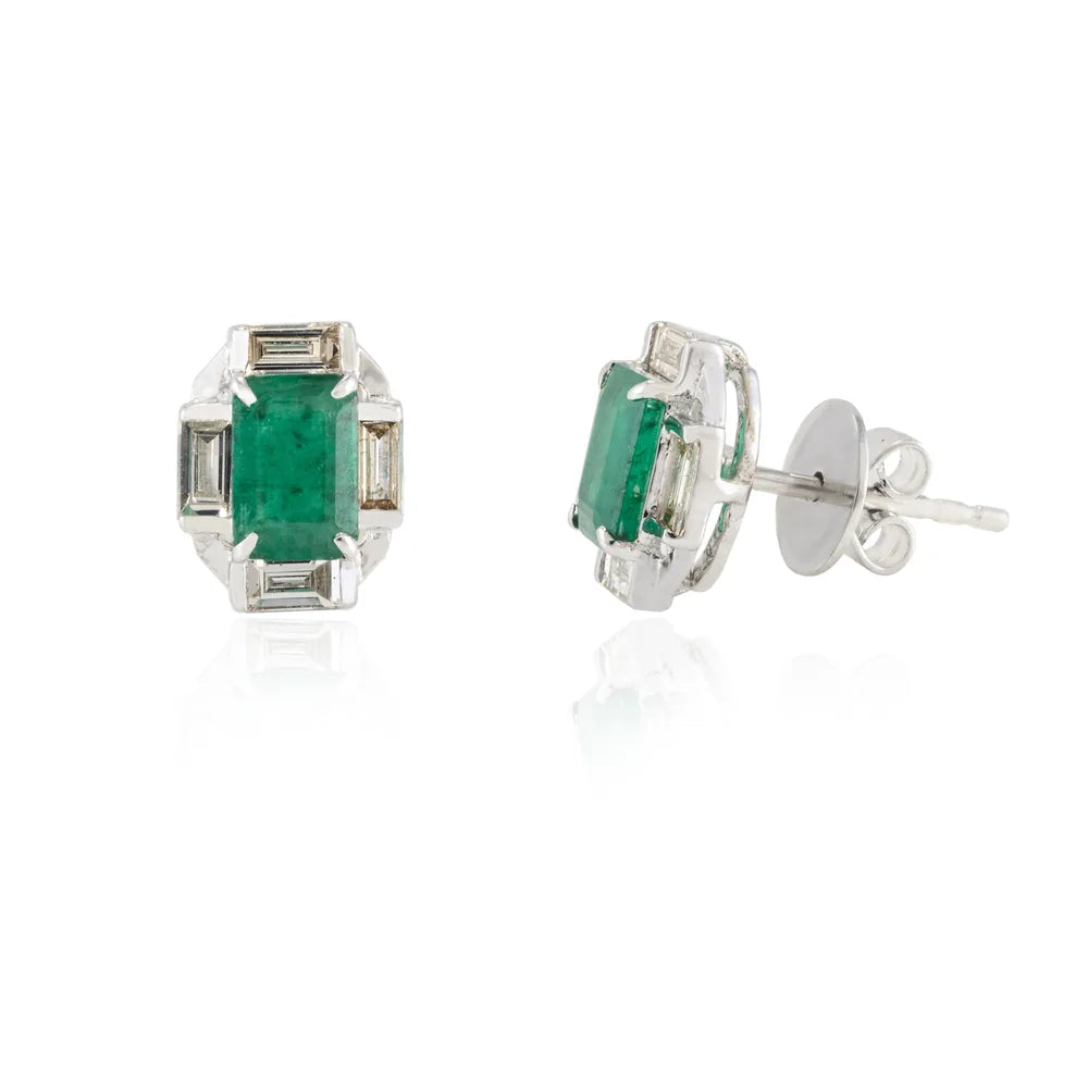 100% Authentic Natural Emerald & Diamond 18K Fine White Gold Stud Earring