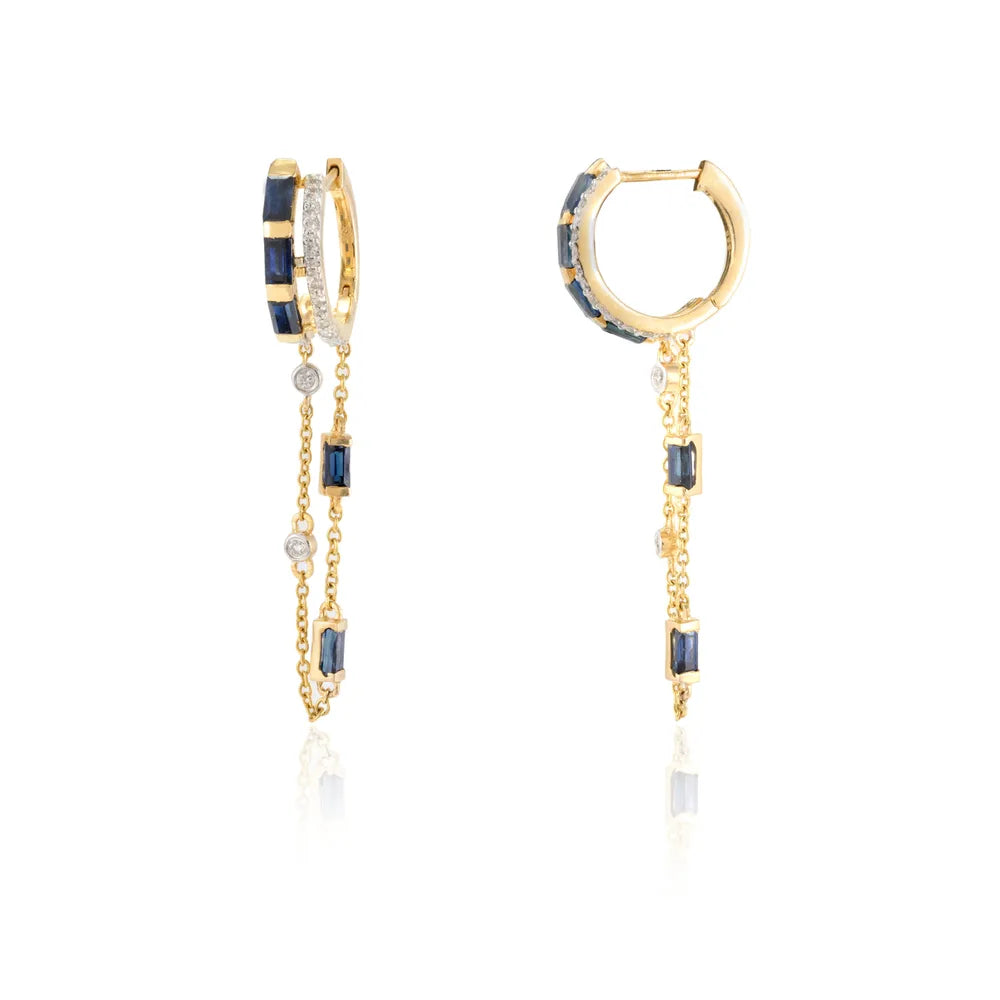 Bulk Jewelry Natural Blue Sapphire & Diamond 14K Fine Yellow Gold Dangle Earring