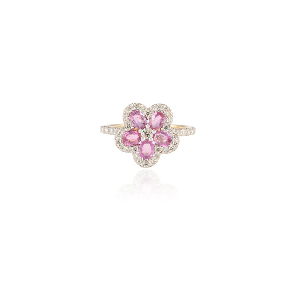 100% Authentic Natural Pink Sapphire & Diamond 18K Fine Yellow Gold Flower Design Ring