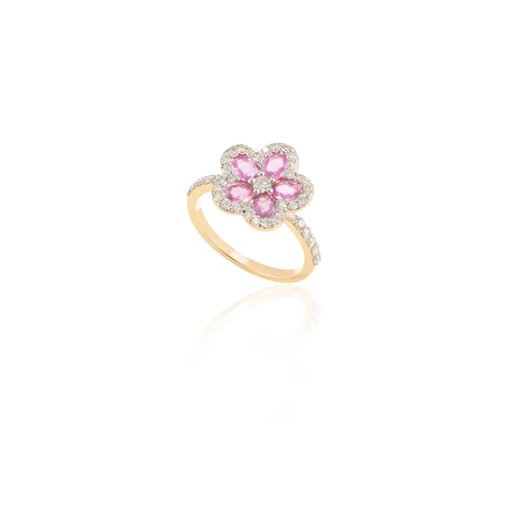 100% Authentic Natural Pink Sapphire & Diamond 18K Fine Yellow Gold Flower Design Ring