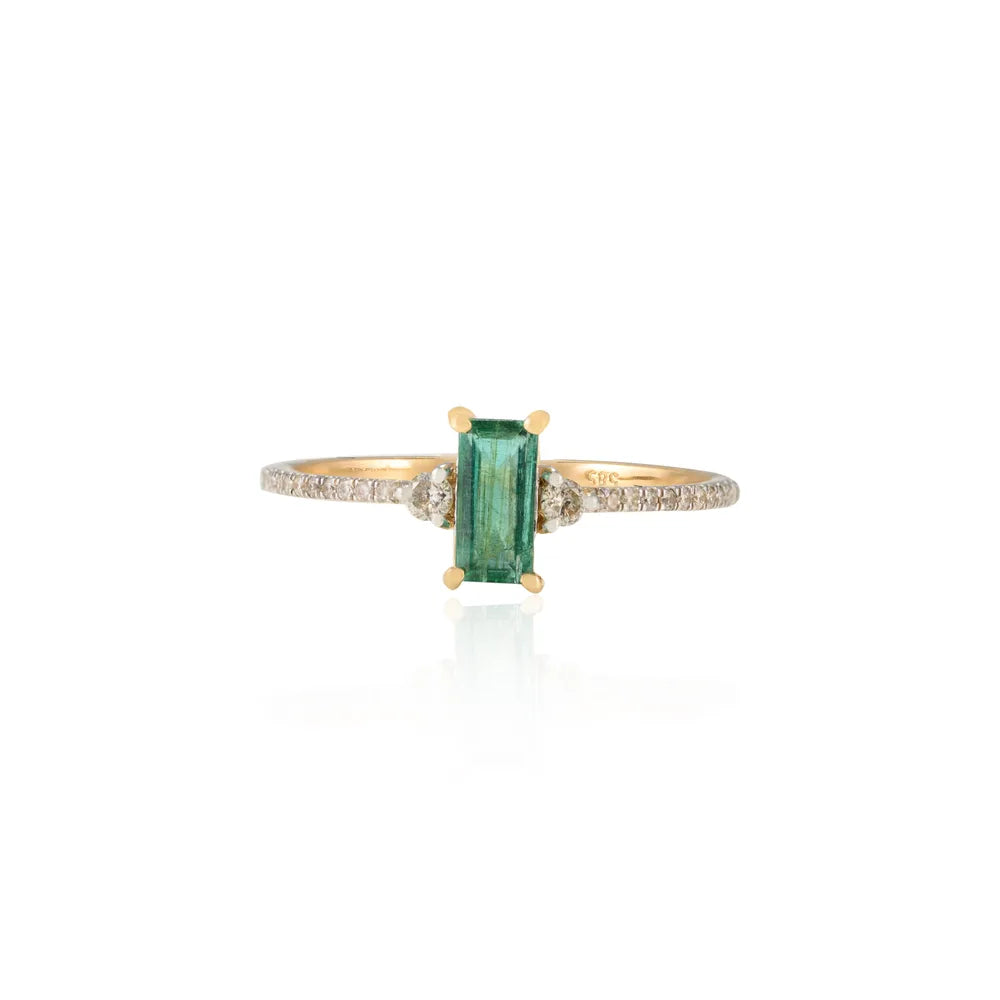 Trending Jewelry Natural Emerald & Diamond 14K Solid Yellow Gold Precious Gemstone Solitaire Ring