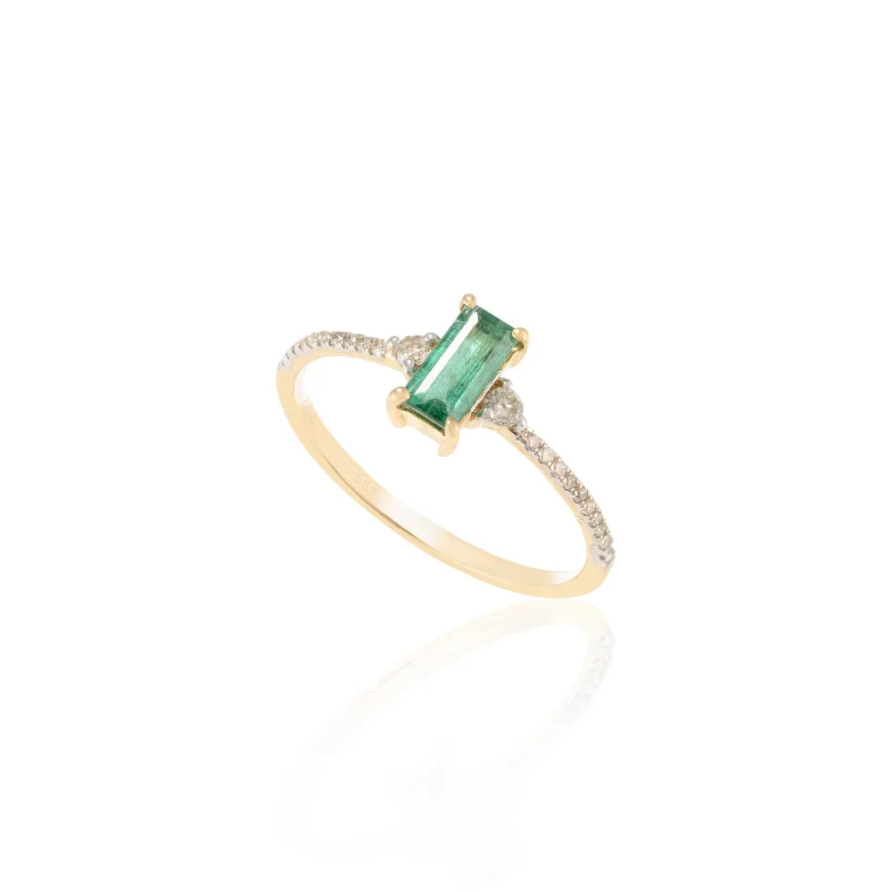 Trending Jewelry Natural Emerald & Diamond 14K Solid Yellow Gold Precious Gemstone Solitaire Ring