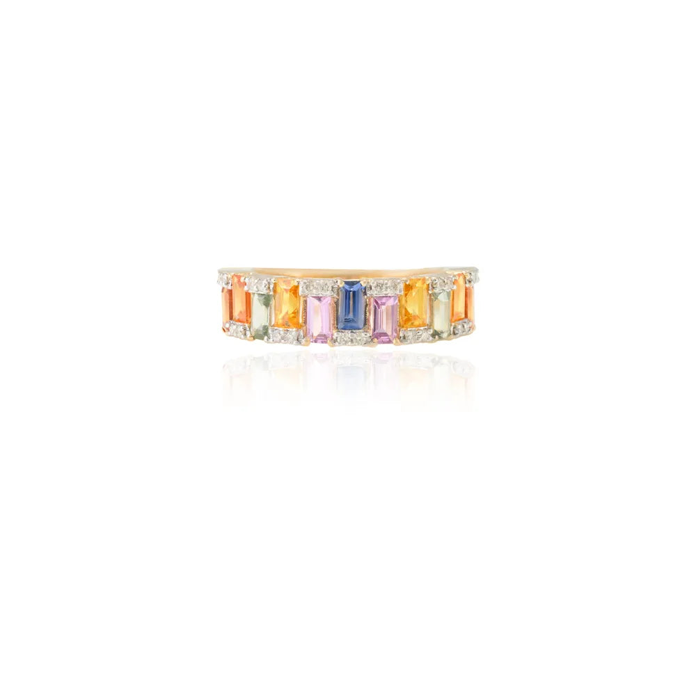 Fashion Jewelry Natural Multi Sapphire & Diamond 14K Solid Yellow Gold Half Eternity Band Ring