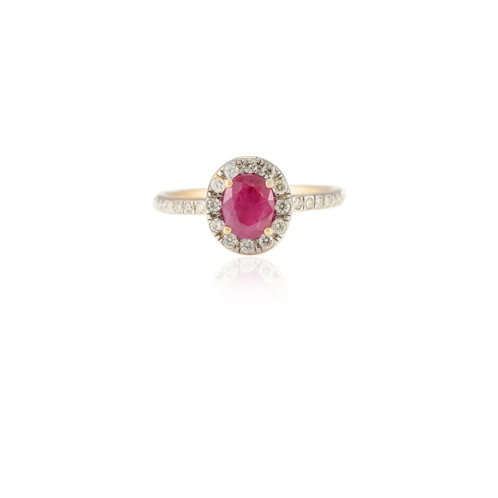 Customised Jewelry Authentic Ruby & Diamond 14k Solid Yellow Gold Halo Ring