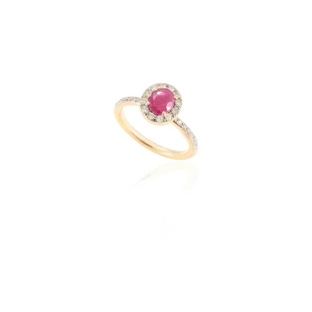 Customised Jewelry Authentic Ruby & Diamond 14k Solid Yellow Gold Halo Ring