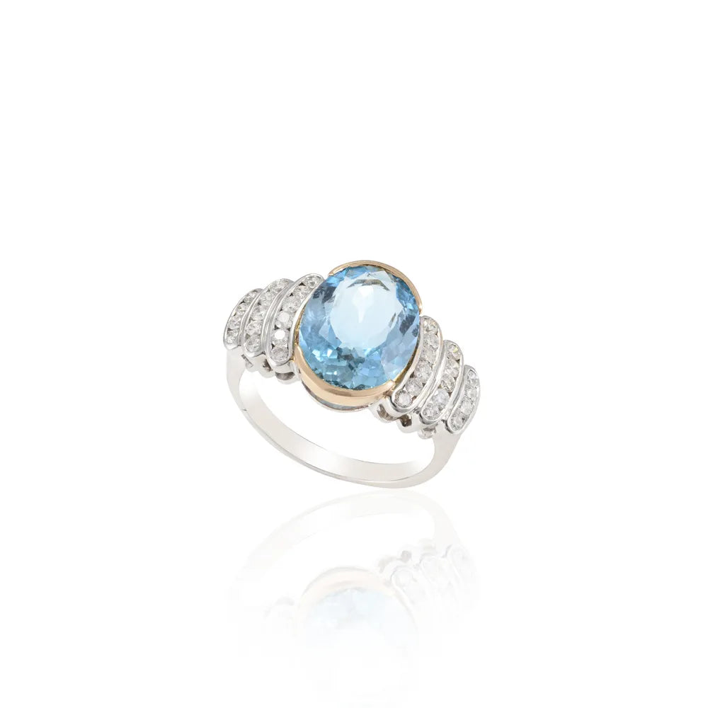 Fashion Jewelry Natural Aquamarine & Diamond 18K Fine White Gold Ring