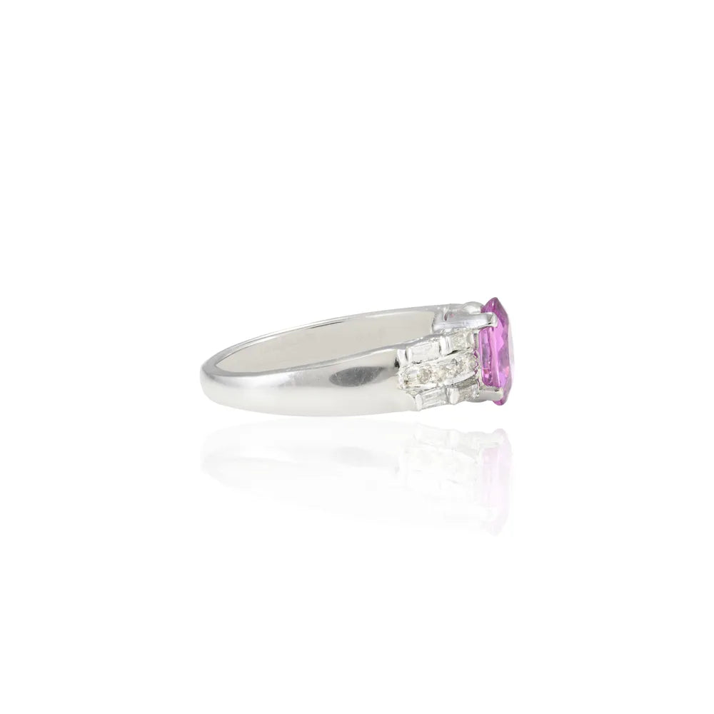 Customization Natural Pink Sapphire & Diamond 18K Solid White Gold Wedding Ring